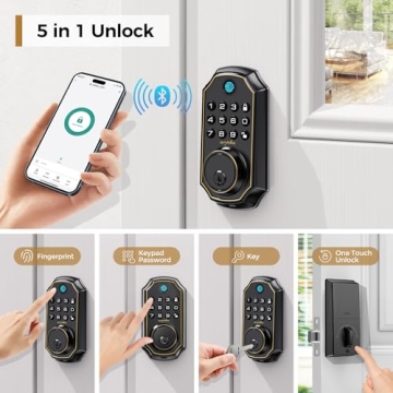 ARPHA Keyless Entry Door Lock D280, 5 in 1 Smart Fingerprint Door Lock, Keypad Deadbolt with 2 Keys, One Touch Lock/Unlock, Auto-Lock, One Time Code, Zinc Alloy