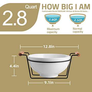 Sweejar 2.8 Quarts Porcelain Bowl for Salad Popcorn Fruit Snacks, 9" Large Bowl with a Stand, Serving for Family Party(White)