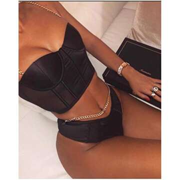 Women¡®s Sexy Mesh Bustier Crop Top Backless Chain Straps Push Up Padded Corset Top Bra for Party ...