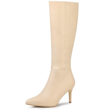 Allegra K Women's Stylish Pointed Toe Stiletto Heels Beige Knee High Boots - Comfort & Elegance
