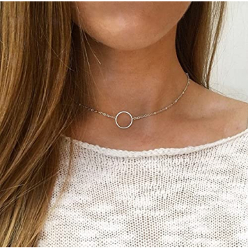 Tasiso Dainty Silver Choker Necklace Simple Necklace for Women Minimalist Circle Chain Necklaces Open Circle Choker Necklace 15mm