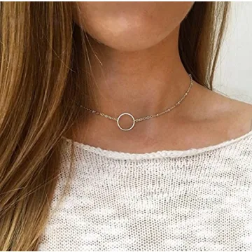 Tasiso Dainty Silver Choker Necklace Simple Necklace for Women Minimalist Circle Chain Necklaces Open Circle Choker Necklace 15mm
