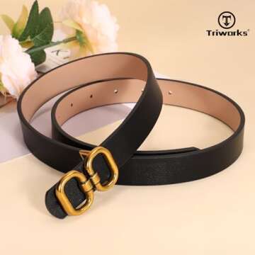 TRIWORKS Reversible Leather Belt for Women with Gold Buckle