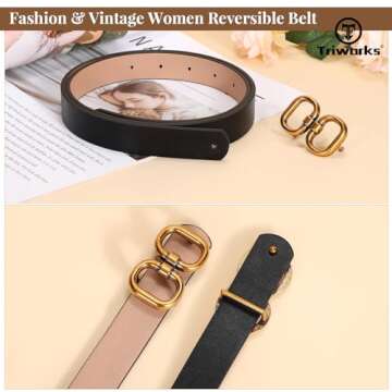 TRIWORKS Reversible Leather Belt for Women with Gold Buckle