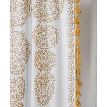 Labhanshi Printed Indian Floral Curtains |Boho Ombre Mandela Living Room Curtains|White and Gold Room Divider Curtains 87"LX41"W| Wall Tapestry for Living Room with Pom Pom Lace|Hippie Sheer Curtains