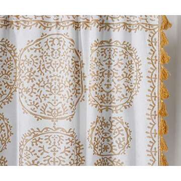 Labhanshi Printed Indian Floral Curtains |Boho Ombre Mandela Living Room Curtains|White and Gold Room Divider Curtains 87"LX41"W| Wall Tapestry for Living Room with Pom Pom Lace|Hippie Sheer Curtains