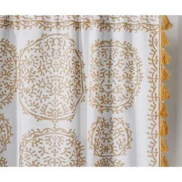Labhanshi Printed Indian Floral Curtains |Boho Ombre Mandela Living Room Curtains|White and Gold Room Divider Curtains 87"LX41"W| Wall Tapestry for Living Room with Pom Pom Lace|Hippie Sheer Curtains