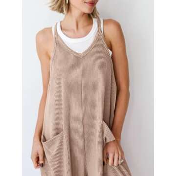 Cicy Bell Women's Summer Ribbed Knit Jumpsuit - Casual V Neck with Spaghetti Straps