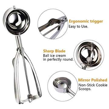 Cookie Scoop Set,JSDOIN Ice Cream Scoop Set, 3 PCS 18/8 Stainless Steel Ice Cream Scoop Trigger Include Large-Medium-Small Size, Melon Scoop (cookie scoop)