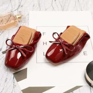 Dear Time Women's Casual Foldable Ballet Flats Square Toe Ballerina Flats Shoes Comfortable Burgundy Patent Leather Size 7