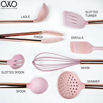 Cook With Color 10 Piece Silicone Cooking Utensil Set with Holder and Trivet, Kitchen Tools and Gadgets with Rounded Copper Handles (Pink)