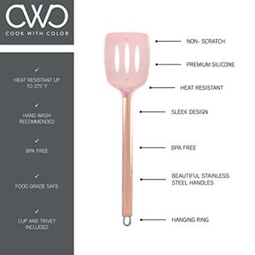 Cook With Color 10 Piece Silicone Cooking Utensil Set with Holder and Trivet, Kitchen Tools and Gadgets with Rounded Copper Handles (Pink)