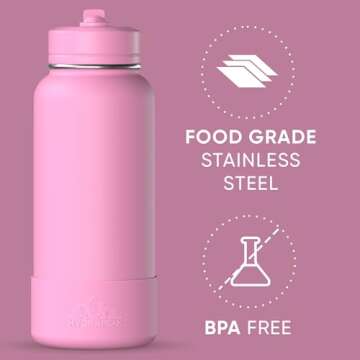Hydrapeak 32oz Sport Insulated Water Bottle with Straw or Chug Lid, Leak & Spill Proof, Keeps Drinks Cold for 24 Hours, Hot for 12 Hours, Premium Stainless Steel Water Bottles (32oz, Bubblegum)