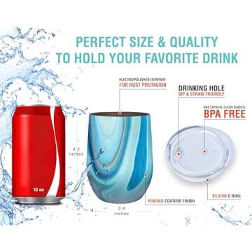 CHILLOUT LIFE Stainless Steel Wine Tumblers 2 Pack 12 oz & 1 Insulated Wine Bottle - Double Wall Vacuum Insulated Wine Cups with Lids and Straws Set - Ocean Marble