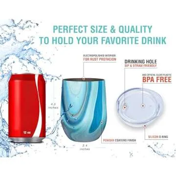 CHILLOUT LIFE Stainless Steel Wine Tumblers 2 Pack 12 oz & 1 Insulated Wine Bottle - Double Wall Vacuum Insulated Wine Cups with Lids and Straws Set - Ocean Marble