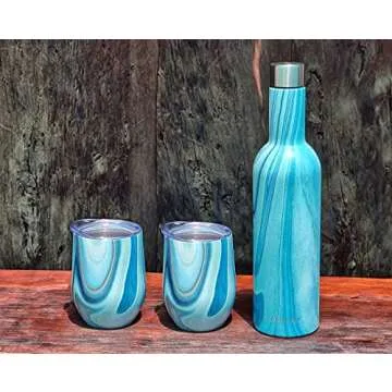 CHILLOUT LIFE Stainless Steel Wine Tumblers 2 Pack 12 oz & 1 Insulated Wine Bottle - Double Wall Vacuum Insulated Wine Cups with Lids and Straws Set - Ocean Marble