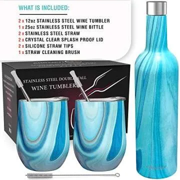 CHILLOUT LIFE Stainless Steel Wine Tumblers 2 Pack 12 oz & 1 Insulated Wine Bottle - Double Wall Vacuum Insulated Wine Cups with Lids and Straws Set - Ocean Marble