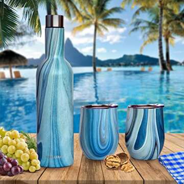 CHILLOUT LIFE Stainless Steel Wine Tumblers 2 Pack 12 oz & 1 Insulated Wine Bottle - Double Wall Vacuum Insulated Wine Cups with Lids and Straws Set - Ocean Marble