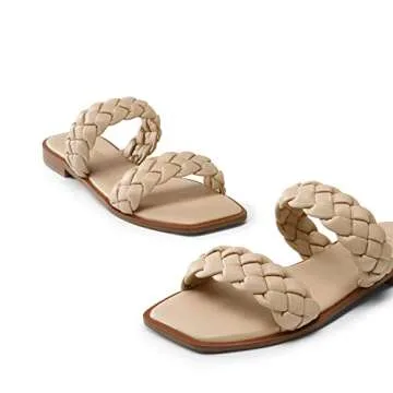 DREAM PAIRS Women's SDSS2319W Braided Sandals Slip on Slides Two Straps Square Toe Dressy for Summer Nude Size 6.5