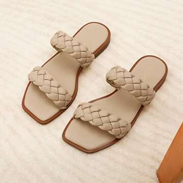 DREAM PAIRS Women's SDSS2319W Braided Sandals Slip on Slides Two Straps Square Toe Dressy for Summer Nude Size 6.5
