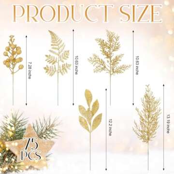Moucuny 75 Pcs Christmas Glitter Picks Gold Artificial Christmas Tree Picks and Sprays for Christmas Tree 5 Styles Berries Stems Cedar Bay Leaves Fern Pine Branches for Vase Fillers Wreath Garland