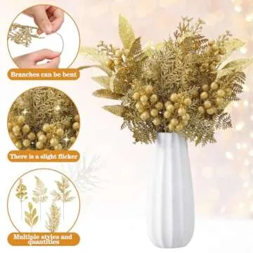 Moucuny 75 Pcs Christmas Glitter Picks Gold Artificial Christmas Tree Picks and Sprays for Christmas Tree 5 Styles Berries Stems Cedar Bay Leaves Fern Pine Branches for Vase Fillers Wreath Garland