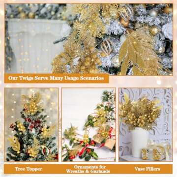 Moucuny 75 Pcs Christmas Glitter Picks Gold Artificial Christmas Tree Picks and Sprays for Christmas Tree 5 Styles Berries Stems Cedar Bay Leaves Fern Pine Branches for Vase Fillers Wreath Garland
