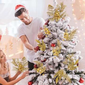 Moucuny 75 Pcs Christmas Glitter Picks Gold Artificial Christmas Tree Picks and Sprays for Christmas Tree 5 Styles Berries Stems Cedar Bay Leaves Fern Pine Branches for Vase Fillers Wreath Garland