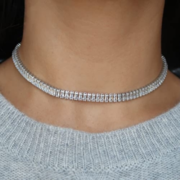 Tewiky Silver Choker Necklaces for Women, Dainty Silver Necklace Simple Tennis Rhinestone Necklace Handmade Silver Diamond Choker Necklaces for Women Prom Jewelry Gifts
