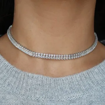 Tewiky Silver Choker Necklaces for Women, Dainty Silver Necklace Simple Tennis Rhinestone Necklace Handmade Silver Diamond Choker Necklaces for Women Prom Jewelry Gifts