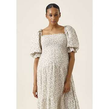 NOTHING FITS BUT Kiko Baby Shower Maternity Gown, Women’s Cotton Modal Classic Linen Smocked Nursing Dress, Short Puffed Sleeves, Off Shoulder, Ruffled Details, XX-Large, Ichika