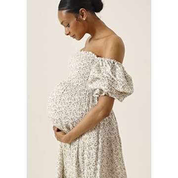 NOTHING FITS BUT Kiko Baby Shower Maternity Gown, Women’s Cotton Modal Classic Linen Smocked Nursing Dress, Short Puffed Sleeves, Off Shoulder, Ruffled Details, XX-Large, Ichika