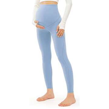 JOYSPELS Smooth Feeling Maternity Leggings Over The Belly with Pockets Workout Pregnancy Leggings Light Blue