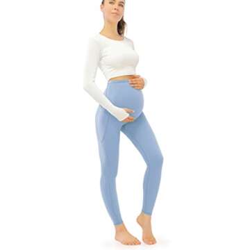 JOYSPELS Smooth Feeling Maternity Leggings Over The Belly with Pockets Workout Pregnancy Leggings Light Blue