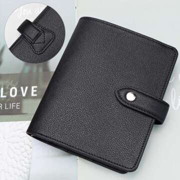 XiowDow A7 Binder Wallet Black Mini Budget Planner PU Leather Small Journal Notebook Cover 6 Ring Mo...