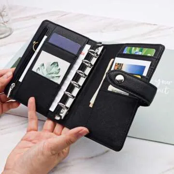XiowDow A7 Binder Wallet Black Mini Budget Planner PU Leather Small Journal Notebook Cover 6 Ring Money Organizer Loose Leaf Folder Snap Closure for Purse Journal Filler Paper Cash Envelopes (Black)