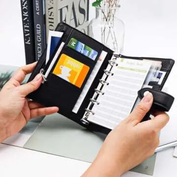 XiowDow A7 Binder Wallet Black Mini Budget Planner PU Leather Small Journal Notebook Cover 6 Ring Money Organizer Loose Leaf Folder Snap Closure for Purse Journal Filler Paper Cash Envelopes (Black)