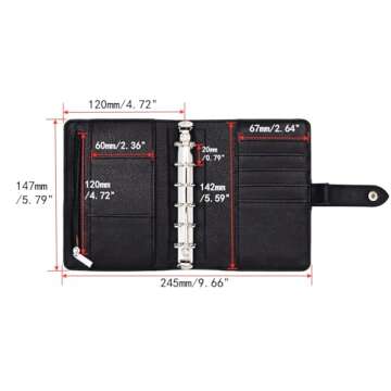 XiowDow A7 Binder Wallet Black Mini Budget Planner PU Leather Small Journal Notebook Cover 6 Ring Money Organizer Loose Leaf Folder Snap Closure for Purse Journal Filler Paper Cash Envelopes (Black)