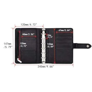 XiowDow A7 Binder Wallet Black Mini Budget Planner PU Leather Small Journal Notebook Cover 6 Ring Money Organizer Loose Leaf Folder Snap Closure for Purse Journal Filler Paper Cash Envelopes (Black)