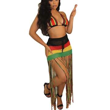 Bluewolfsea Women Sexy 2 Piece Crochet Outfits Summer Halter Rainbow Bikini Top Tassel Maxi Skirt Se...