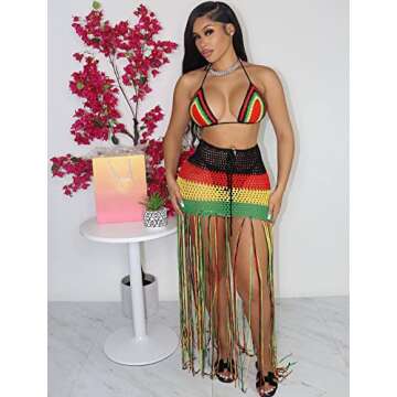 Bluewolfsea Women Sexy 2 Piece Crochet Outfits Summer Halter Rainbow Bikini Top Tassel Maxi Skirt Set Beach Cover Up Medium Black