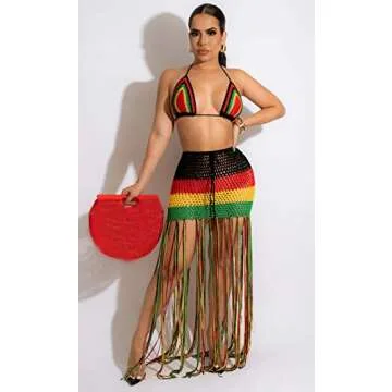 Bluewolfsea Women Sexy 2 Piece Crochet Outfits Summer Halter Rainbow Bikini Top Tassel Maxi Skirt Set Beach Cover Up Medium Black