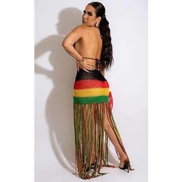 Bluewolfsea Women Sexy 2 Piece Crochet Outfits Summer Halter Rainbow Bikini Top Tassel Maxi Skirt Set Beach Cover Up Medium Black