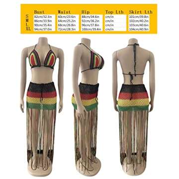 Bluewolfsea Women Sexy 2 Piece Crochet Outfits Summer Halter Rainbow Bikini Top Tassel Maxi Skirt Set Beach Cover Up Medium Black