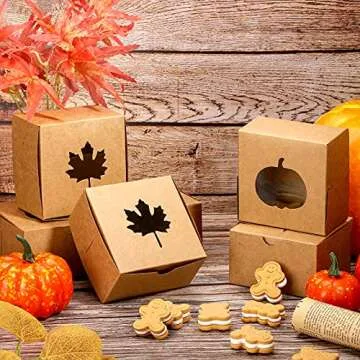 Censen 20 Pcs Thanksgiving Cardboard Bakery Cookie Boxes fall Autumn Kraft Baking Treat Cookie Boxes for Fall Thanksgiving Table Holiday Supplies Cookie Boxes for Gift Giving(3.94 x 3.94 x 2.36 Inch)