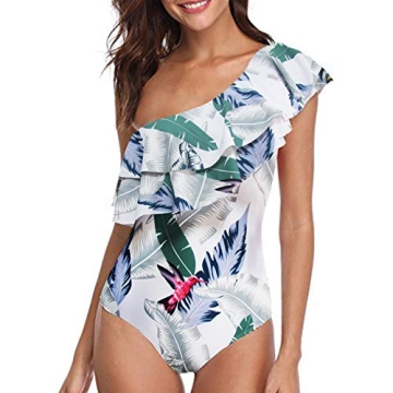 FORNY Women One Piece Print Swimwear Ruffle Padded One Shoulder Swimsuits