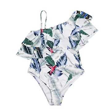 FORNY Women One Piece Print Swimwear Ruffle Padded One Shoulder Swimsuits