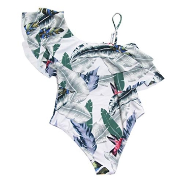 FORNY Women One Piece Print Swimwear Ruffle Padded One Shoulder Swimsuits