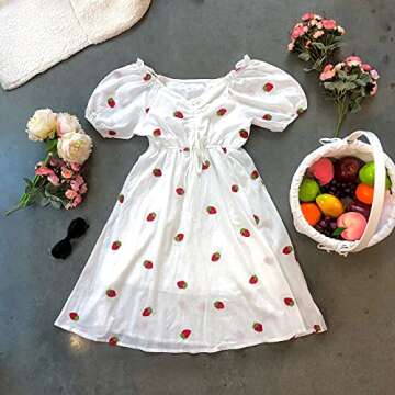 Strawberry Print Milk Maid Midi Dress, Cottagecore Lolita Fruit Pattern Aesthetic, Vintage Cottage C...