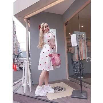 Strawberry Print Milk Maid Midi Dress, Cottagecore Lolita Fruit Pattern Aesthetic, Vintage Cottage Core Milkmaid Summer Dresses with Puff Sleeves